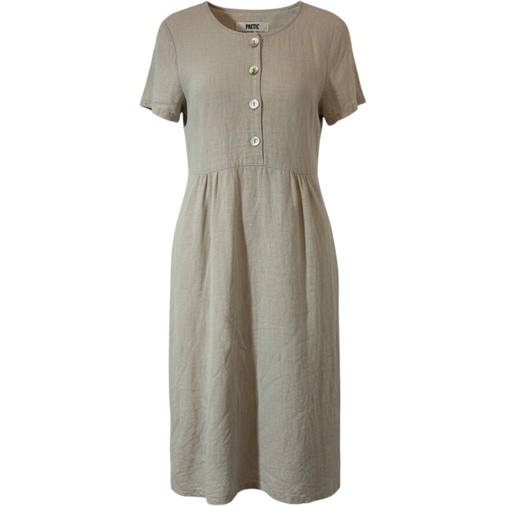 Poetic Linen Blend Dress Size 6 Minimalist Oatmeal Beige Shell Button Midi